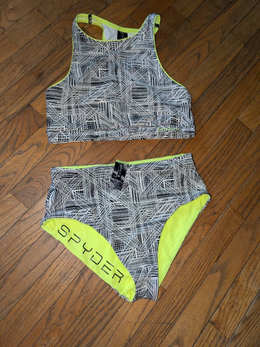 Spyder Black & Neon Yellow Geometric High-Waist Bikini Set